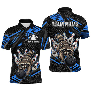 Maxcorners Personalized Blue Raccoon Bowling Shirt for Men Bowling Jersey League Polo & 1/4-Zip Outfit LM1705