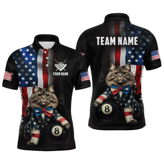 Maxcorners Custom American Flag Cat 8 Ball Billiard Shirt for Men Patriotic Pool Team Jersey Billiard Outfit LM0607