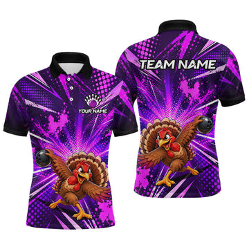 Maxcorners Custom Purple Funny Turkey Bowling Shirt for Men Thanksgiving Bowling Jersey