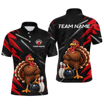 Maxcorners Custom Black & Red Funny Turkey Bowling Shirt for Men Thanksgiving Bowling Jersey