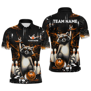 Maxcorners Orange Funny Raccoon Bowling Team Shirt Customized Bowling League Polo & 1/4 Zip Gift for Men LM1501