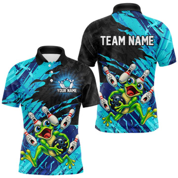 Maxcorners Custom Cyan Funny Frog Bowling Shirt for Men Bowling Team Jersey LM2709