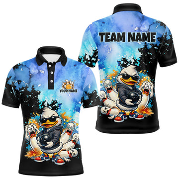 Maxcorners Funny Duck Bowling Team Shirt for Men Custom Bowling League Outfit Polo & 1/4-Zip LM0901