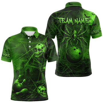 Maxcorners Custom Spider Skull Bowling Team Shirt for Men Green Skull Bowling Jerseys Polo & 1/4-Zip