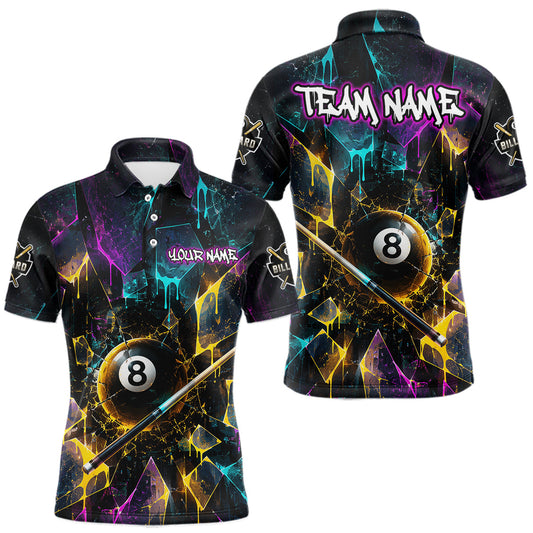 Maxcorners Custom Colorful Shattered Glass 8 Ball Billiard Shirt for Men Pool Team Jersey Polo & Quarter-Zip Billiard Outfit