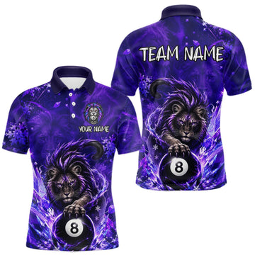 Maxcorners Custom Fierce Lion Billiard Shirt for Men Purple 8 Ball Pool Team Jersey Polo & 1/4 Zip LM1508