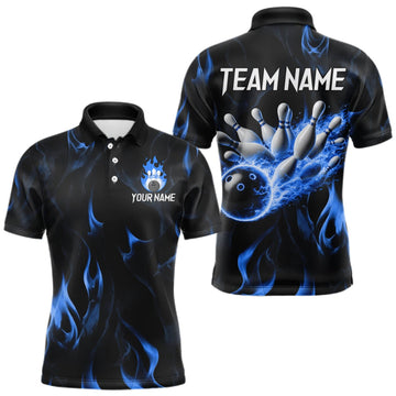 Maxcorners Custom Blue Flames Bowling Shirt for Men Bowling Team Jersey Bowling Outfit LM1508