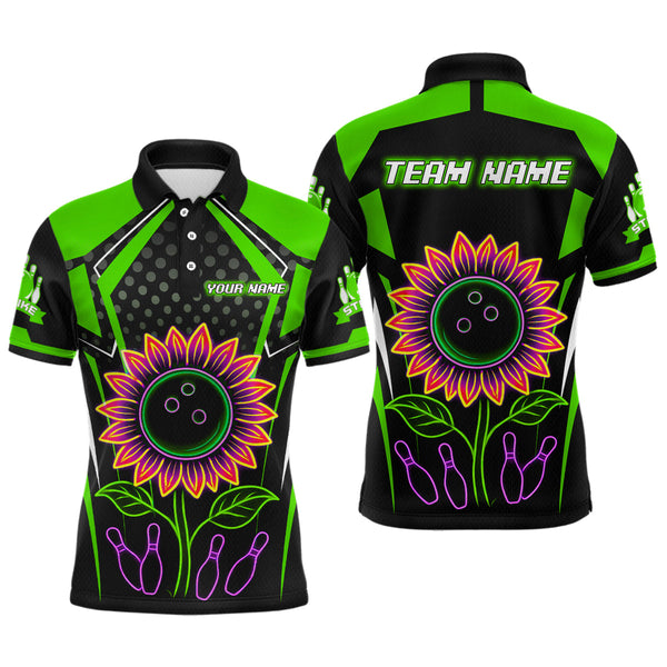 Maxcorners Green Neon Lightning Sunflower Bowling Shirt for Men Custom Team Bowling Polo Bowling Jersey MT1309