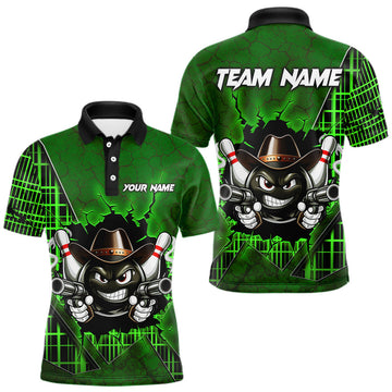 Maxcorners Custom Green Funny Cowboy Gun Bowling Shirt for Men Bowling Team Jersey Bowling Polo & Quarter-Zip