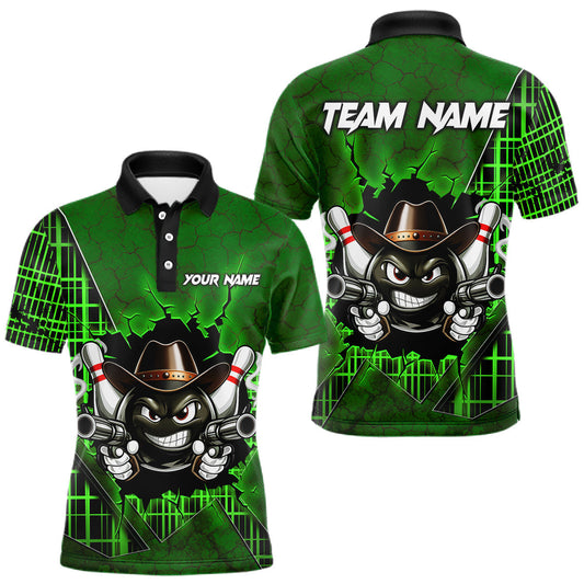 Maxcorners Custom Green Funny Cowboy Gun Bowling Shirt for Men Bowling Team Jersey Bowling Polo & Quarter-Zip