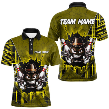 Maxcorners Custom Yellow Funny Cowboy Gun Bowling Shirt for Men Bowling Team Jersey Bowling Polo & Quarter-Zip