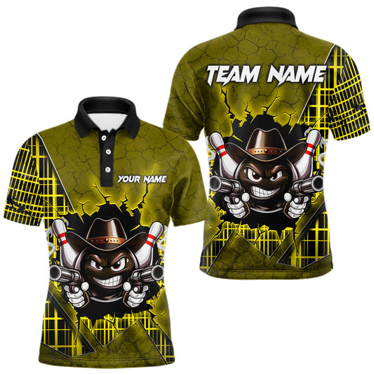 Maxcorners Custom Yellow Funny Cowboy Gun Bowling Shirt for Men Bowling Team Jersey Bowling Polo & Quarter-Zip