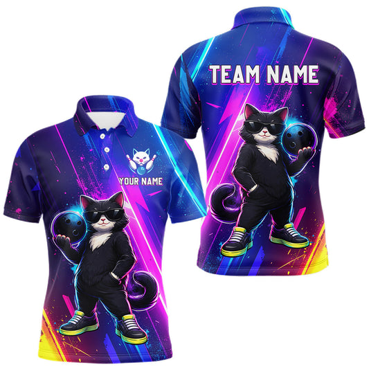 Maxcorners Personalized Neon Funny Cat Bowling Team Shirt for Men Bowling League Jersey Polo & Quarter-Zip Bowling Outfit
