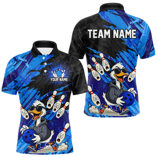 Maxcorners Blue Funny Duck Bowling Shirt for Men Custom Bowling Team Jersey Bowling League Polo & Quarter-Zip