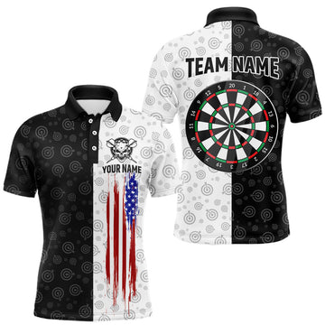 Maxcorners Custom Black & White Skull Dart Shirt for Men American Flag Dart Jersey for Team Dartboard Shirts Gift