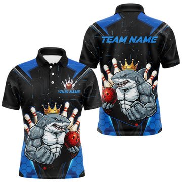 Maxcorners Custom Blue Funny Shark Bowling Team Shirt Bowling Jersey for Men Polo & Quarter-Zip LM1903