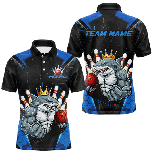 Maxcorners Custom Blue Funny Shark Bowling Team Shirt Bowling Jersey for Men Polo & Quarter-Zip LM1903