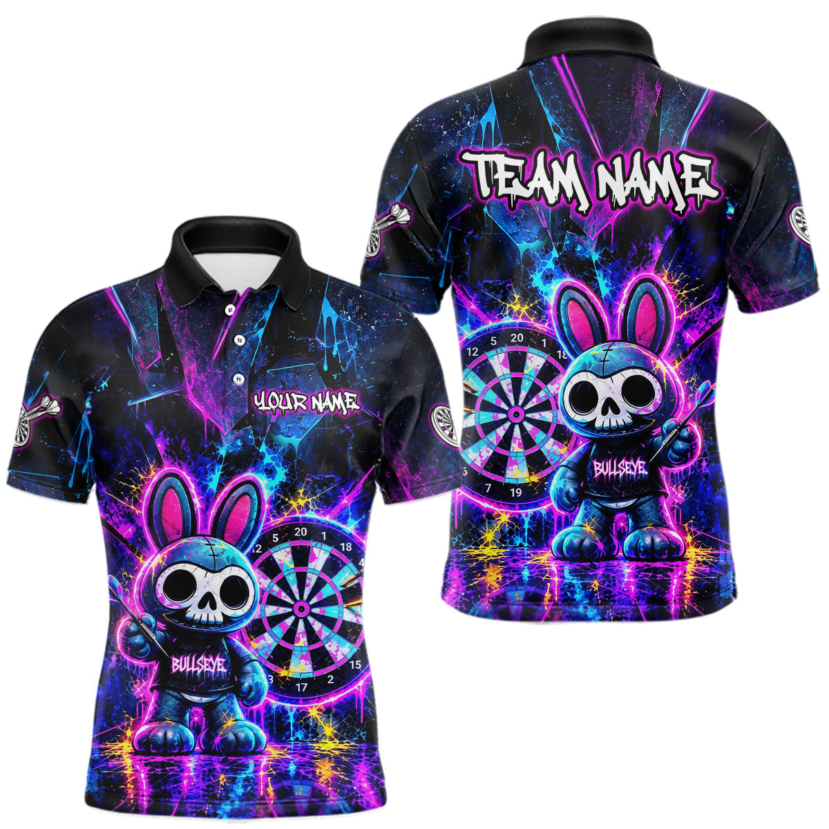 Maxcorners Custom Neon Skull Bunny Dart Shirt for Men Dart League Jersey Polo & 1/4-Zip