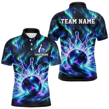 Maxcorners Custom Aurora Galaxy Bowling Shirt for Men Northern Lights Bowling Team Jersey Polo & Quarter-Zip