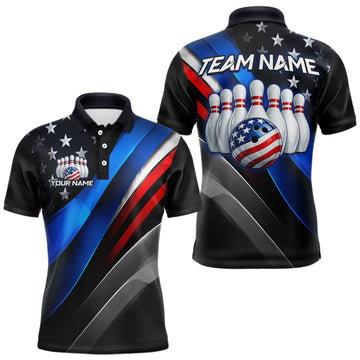 Maxcorners Custom American Flag Team Bowling Shirt for Men Bowling League Jersey Polo & 1/4-Zip