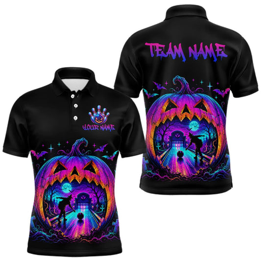 Maxcorners Custom Halloween Pumpkin Bowling Shirt Neon Glow Bowling Team Jersey for Men Polo & Quarter-Zip LM1508