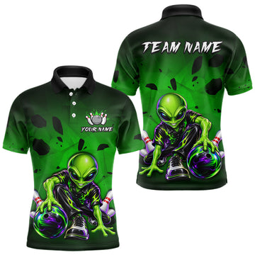 Maxcorners Custom Green Alien Bowling Shirt for Men Funny Bowling Team Jersey Polo & 1/4-Zip