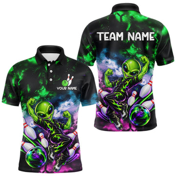 Maxcorners Custom Green & Pink Alien Bowling Shirt for Men Smoke Funny Bowling Team Jersey