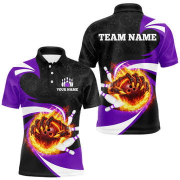 Maxcorners Personalized Purple Flame Demon Hand Bowling Shirt for Men Bowling Outfit Polo & Quarter-Zip Bowling Jersey