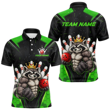 Maxcorners Custom Green Funny Raccoon Bowling Shirt for Men Bowling Team Jersey Bowler Gift LM2709