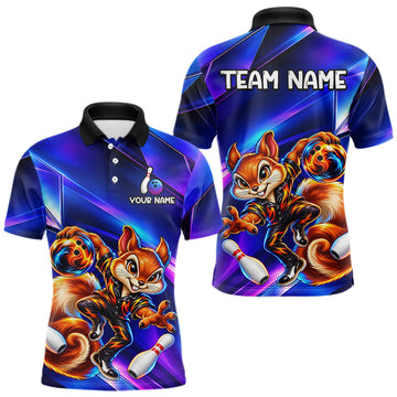 Maxcorners Funny Squirrel Bowling Shirt for Men Custom Neon Blue Bowling Jersey Polo & 1/4-Zip