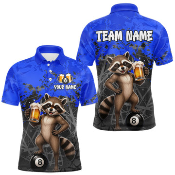 Maxcorners Custom Blue Funny Raccoon with Beer Billiard Shirt 8 Ball Billiard Jersey for Men Pool Shirt LM0409