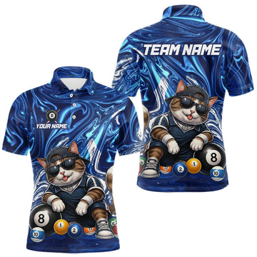 Maxcorners Blue Marbre Cat Billiards Shirt for Men Custom 8 Ball Pool Team Jersey Billiard Player Gift LM2306