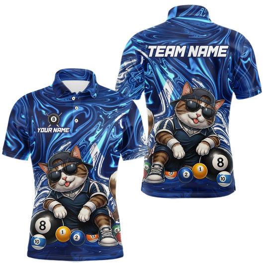 Maxcorners Blue Marbre Cat Billiards Shirt for Men Custom 8 Ball Pool Team Jersey Billiard Player Gift LM2306