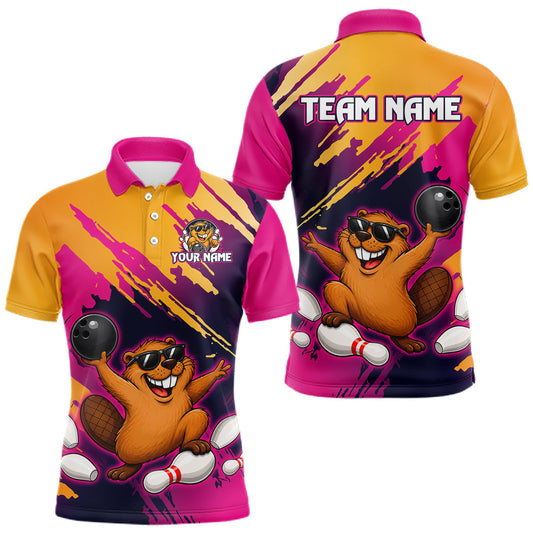 Maxcorners Pink and Yellow Funny Beaver Bowling League Shirt for Men Custom Bowling Jersey Polo & 1/4 Zip LM2806