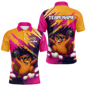 Maxcorners Pink and Yellow Funny Beaver Bowling League Shirt for Men Custom Bowling Jersey Polo & 1/4 Zip Bowler Gift