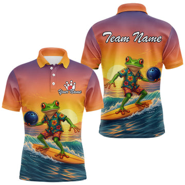 Maxcorners Custom Funny Surfing Frog Bowling Shirt for Men Tropical Sunset Bowling League Jersey Bowling Outfit LM2607