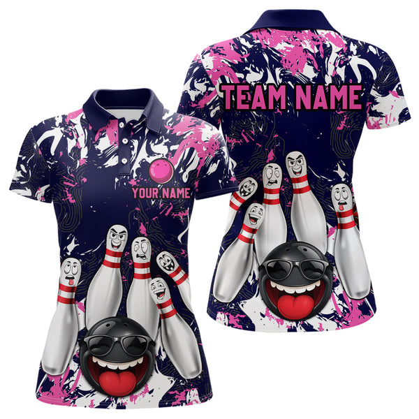 Maxcorners Navy Pink Funny Bowling Team Shirt for Men Bowling League Jersey Polo & 1/4 Zip Bowler Outfit LM2509