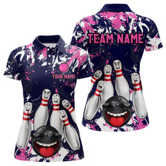 Maxcorners Navy Pink Funny Bowling Team Shirt for Men Bowling League Jersey Polo & 1/4 Zip Bowler Outfit LM2509