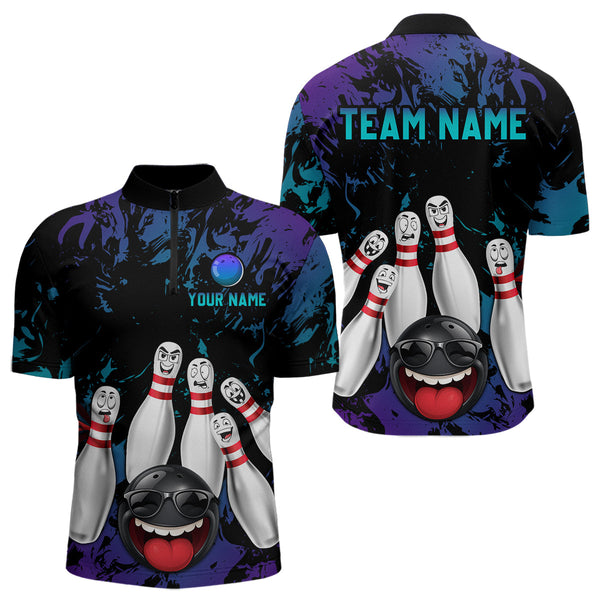 Maxcorners Teal Purple Funny Bowling Team Shirt for Men Custom Bowling League Jersey Polo Bowler Outfit LM2509