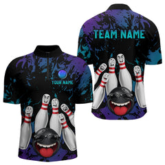 Maxcorners Teal Purple Funny Bowling Team Shirt for Men Custom Bowling League Jersey Polo Bowler Outfit LM2509