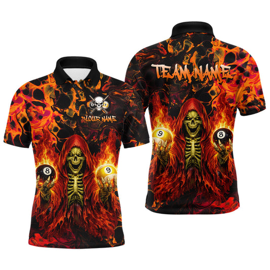 Maxcorners Custom Flame Skeleton 8 Ball 9 Ball Billiard Shirt for Men Pool Shirt Billiard Jersey