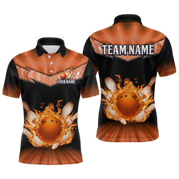 Maxcorners Orange Flame Bowling Team Shirt Customized Polo & Quarter-Zip Bowling Team Jersey for Men