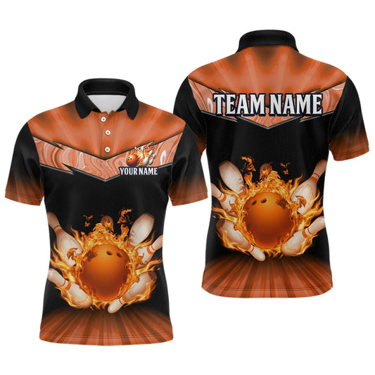 Maxcorners Orange Flame Bowling Team Shirt Customized Polo & Quarter-Zip Bowling Team Jersey for Men
