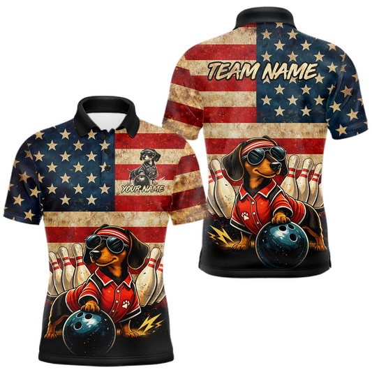 Maxcorners Custom American Flag Retro Dachshund Bowling Shirt Bowling Team Jersey for Men Polo & Quarter-Zip