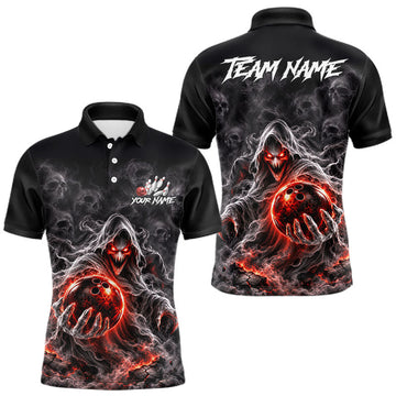 Maxcorners Custom Ghost Bowling Team Shirt for Men Black & Red Skull Bowling League Jersey Polo & 1/4-Zip