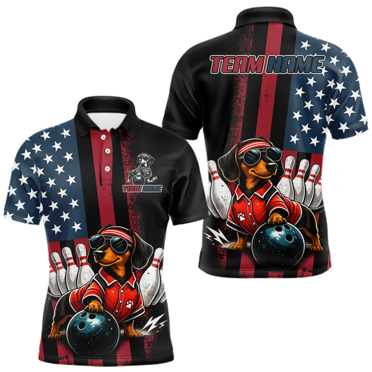 Maxcorners Personalized American Flag Dachshund Bowling Shirt for Men Bowling Jersey Performance Patriotic