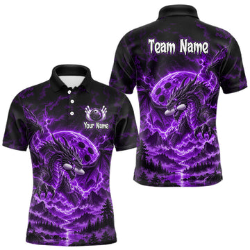 Maxcorners Custom Thunder Lightning Dragon Bowling Shirt for Men Purple Bowling Jersey Polo & Quarter-Zip