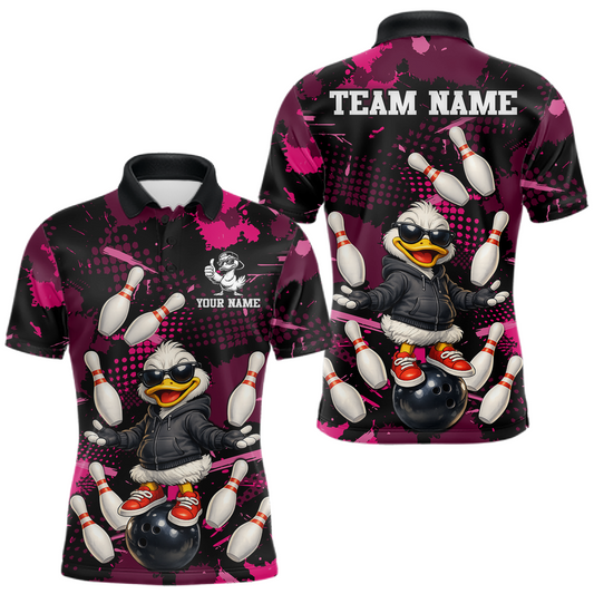 Maxcorners Custom Pink Funny Duck Bowling Shirt for Men Bowling Jersey Polo & 1/4 Zip Bowling Outfit