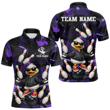 Maxcorners Custom Purple Funny Duck Bowling Shirt for Men Bowling Jersey Polo & 1/4 Zip Bowling Outfit