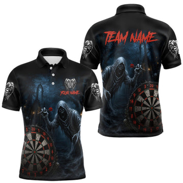 Maxcorners Custom Red Dart Polo Shirt for Men Grim Reaper Throwing Darts Dark Gothic Dart Jersey LM1508